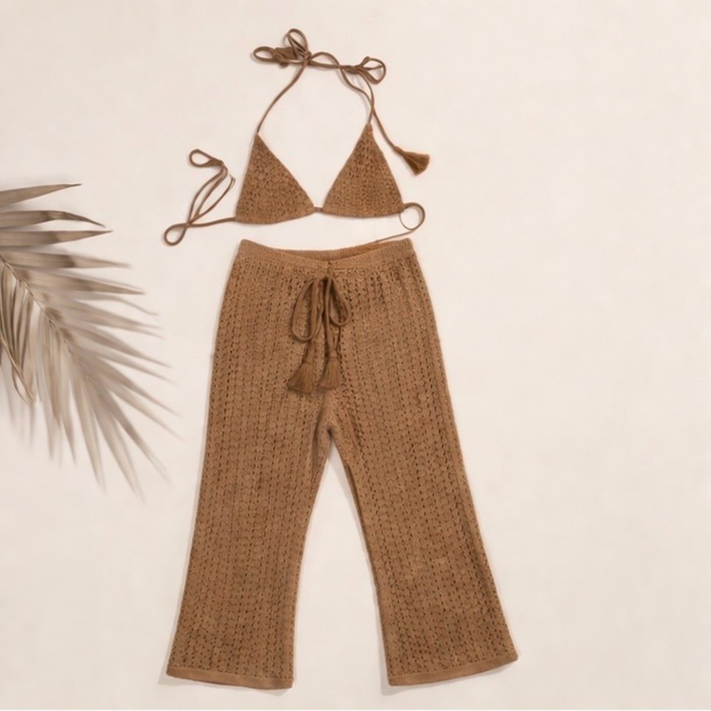 YFVE Women’s Crochet Beach Set Size Small Brown Halter Top Pants